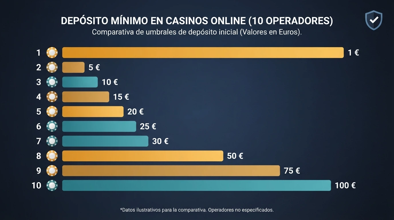 Interfaz de tabla comparativa con fichas de casino mostrando importe mínimo, método de pago y distintivo de licencia DGOJ