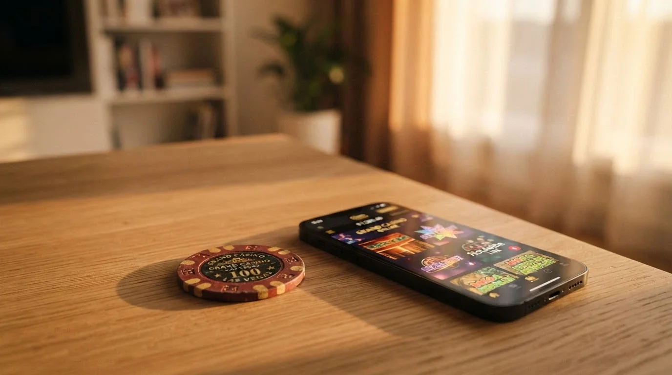 Un euro sobre una mesa junto a un móvil con la pantalla de un casino, en composición minimalista