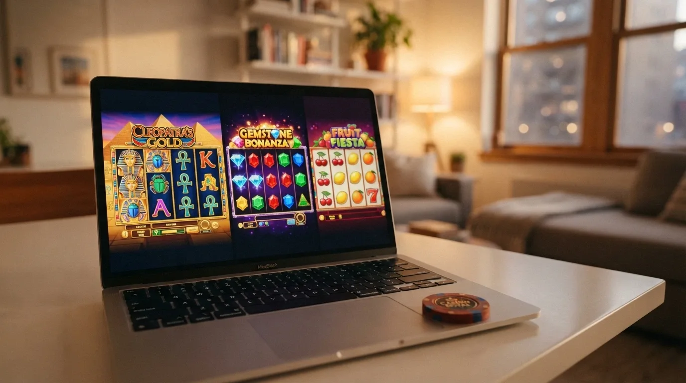 Collage de tres tragaperras populares con apuesta mínima de 0,10€ o menos en la interfaz de un casino español